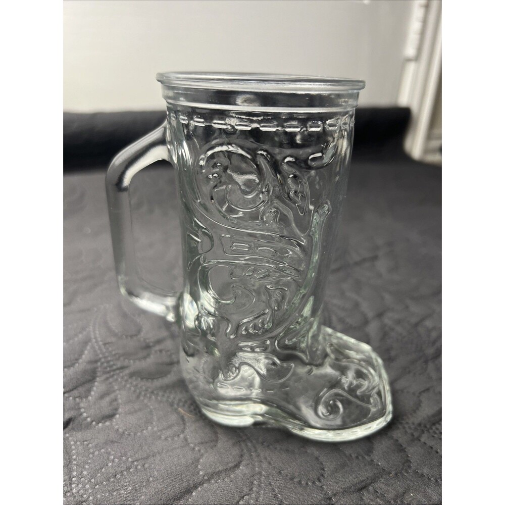 Vintage Libbey of Canada Clear Glass Embossed Western Cowboy Boot Mug Beer 6.5”